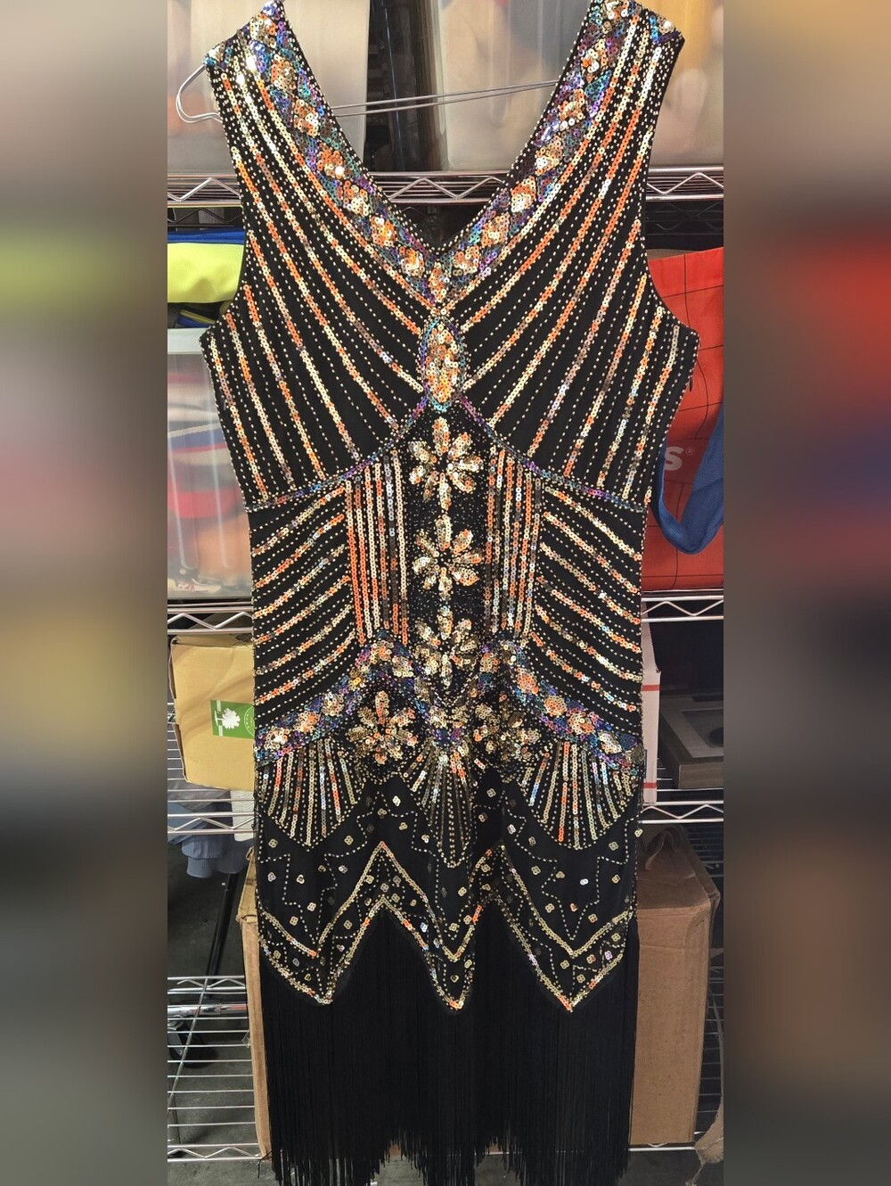 Black Sequin-Beaded Midi Dress with Multicolor Embellishments